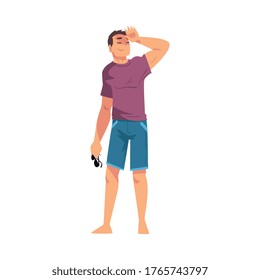 Relaxed Young Man, Lounging Male Character Wearing Tshirts and Shorts Ready to Enjoy His Leisure Vacation, Summer Holidays and Traveling Cartoon Vector Illustration