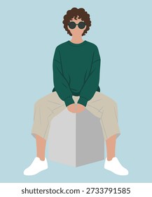 Jovem relaxado sentado no cubo usando óculos escuros