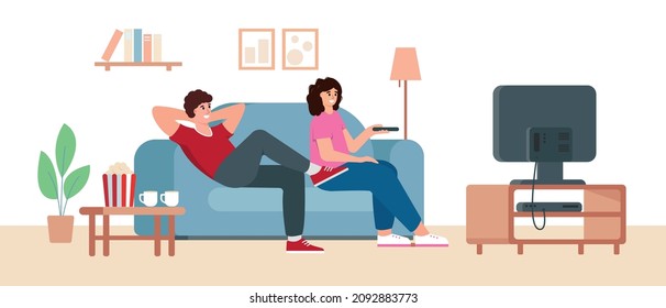 Relaxed young man and woman couple sitting on sofa and watching TV. Merried people resting at home after work or study with popcorn and television. Flat or cartoon vector illustration. svg