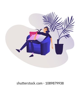 Relaxed young smiling woman enjoying rest sitting on comfortable armchair - calm beautiful girl relaxing and meditating in leisure time at home. Isolated cartoon vector illustration.