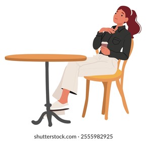 Relaxed young woman cartoon character drinking coffee dreaming about future enjoying calmness and tranquility sitting at table in outdoor cafe vector illustration isolated on white background