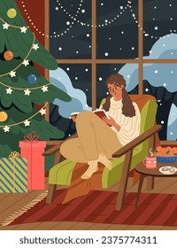 Relaxed young woman character reading sitting in armchair at Christmas eve