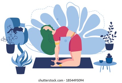Relaxed young woman enjoying rest. Girl meditates. Trendy flat cartoon style. Urban jungle. Meditation at Home