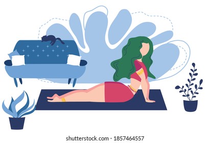 Relaxed young woman enjoying rest. Girl meditates. Trendy flat cartoon style. Urban jungle. Meditation at Home