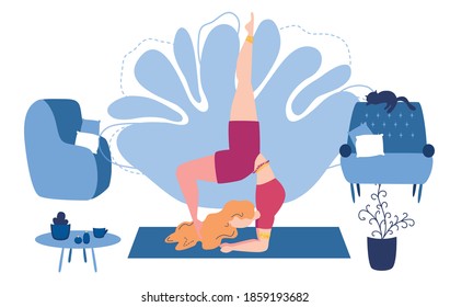 Relaxed young woman enjoying rest. Girl meditates. Trendy flat cartoon style. Urban jungle. Meditation at Home