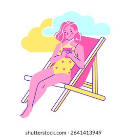 A relaxed young woman enjoys a tropical cocktail under the sun on a cozy beach chair, perfect for leisure, vacation, and summer lifestyle themes