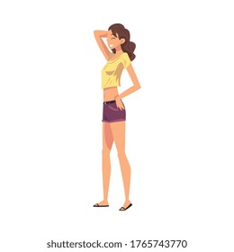 Relaxed Young Woman, Happy Female Character Wearing Tank Top and Shorts Enjoying Her Leisure Vacation, Summer Holidays and Traveling Cartoon Vector Illustration