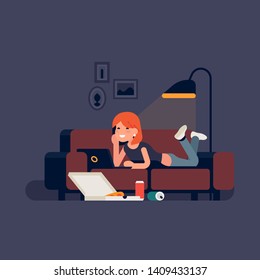 Relaxed Young Woman Lying On A Sofa Watching Film On A Laptop With Pizza Delivery Box And Aluminium Beverage Cans On The Floor. Couch Potato Concept Illustration With Girl Watching Movies On Computer