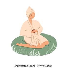 Relaxed young woman resting with tea in Spa and Wellness center. Female character in gown and bath towel sitting in beauty salon. Colored flat vector illustration isolated on white background