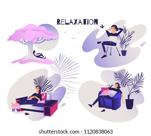 Relaxed young woman set - calm smiling girl enjoying rest sitting on comfortable furniture at home and under tree outdoors. Isolated cartoon vector illustration of relax and meditation theme.