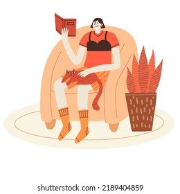Relaxed young woman sitting in chair with cat and enjoying reading paper book. vector flat illustration. Girl reads book at cozy home interior. Time for yourself and relaxation
