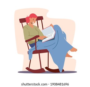 Relaxed Young Woman Sitting on Cozy Wooden Rolling Chair or Armchair at Home Read Interesting Book. Reading Books Hobby, Reader Deep Immersion to Fantasy World, Relax. Cartoon Vector Illustration