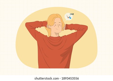Relaxed young woman sleeping and hands behind head concept for banner  poster  website  etc 