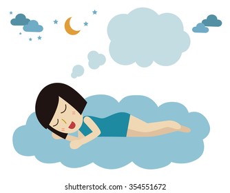 Relaxed young woman sleeping on the clouds. flat illustration isolated on white background