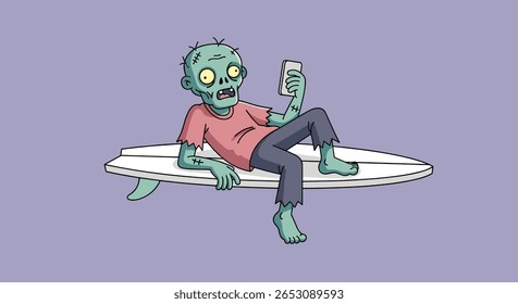 Um surfista relaxado Zumbi Chill Out Sessão Desfrutando de Música em uma prancha de surfe