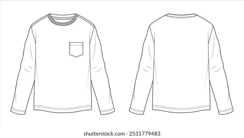 Camiseta de manga larga con cuello redondo clásico. Diseño de moda y boceto técnico plano. Ilustración vectorial.