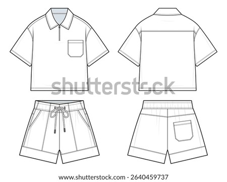 Relaxed-Fit Polo and Drawstring Shorts Set Technical Fashion Illustration. Short-Sleeve Polo Shirt with Chest Pocket and Matching Shorts. Front and Back Views. Summer Menswear. CAD Mockup Set.