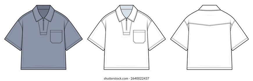 Relaxed-Fit Polo Shirt Technical Fashion Illustration. Polo shirt with Chest Pocket vector template. Front and Back Views. Casual Menswear. CAD Mockup Set.