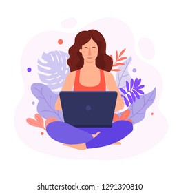 Relaxes and meditates in the lotus position. Business woman yoga. Balance in Multitask Work