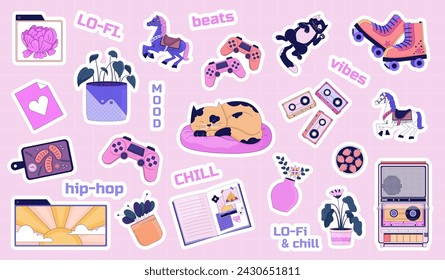 Relaxing 80s chillout cute stickers sheet. Roller skates, cassette tape, horses vector illustration set. Sleeping cats 2D images scrapbooking lo fi. Plants cartoon printables inspirational words