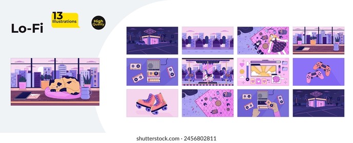 Relaxing 80s chillout retro lofi wallpapers bundle. Gas station, street market, picnic 2D cartoon flat illustration collection. Carousel horses, roller skates, cassette tapes vector art lo fi set