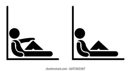 Relaxing and Active Silhouettes Icon Set – 4 Vector Figures on Lounge Chairs, Cafe Scene, and Rowing Exercise Icons