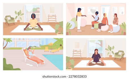 Actividades de relajación durante el embarazo de ilustraciones vectoriales de color plano. Yoga y fitness. Imágenes de héroes. Colección de personajes de dibujos animados sencillos en 2D totalmente editable con lugares cómodos sobre el fondo