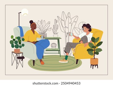 Relaxing in armchairs people in a cozy interior scene. Woman and man resting and chatting in Interior scene with furniture, and house plants. Housewarming vector illustration for card, poster