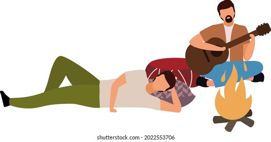 Relaxing around campfire semi flat color vector characters. Sitting figures. Full body people on white. Summer camping trip isolated modern cartoon style illustration for graphic design and animation