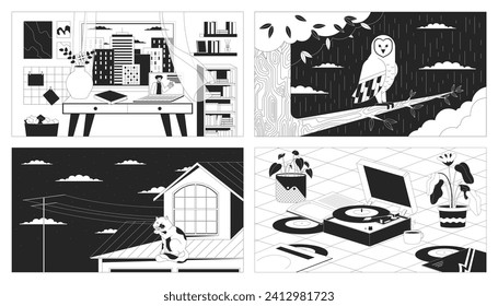 Relaxing atmospheric black and white lofi wallpapers set. Cozy study space, rainy night owl 2D outline cartoon flat illustrations collection. Cat licking, vinyl player vector line lo fi backgrounds