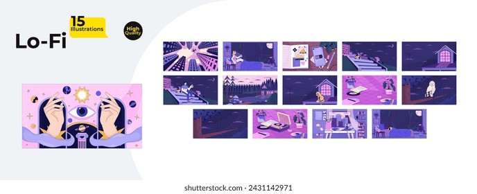 Relaxing atmospheric lofi wallpapers bundle. Cozy nighttime 2D cartoon flat illustration collection. Vinyl player, diary memories, study chill vector art, lo fi aesthetic colorful backgrounds set