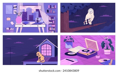 Relaxing atmospheric lofi wallpapers set. Cozy study space, rainy night owl 2D cartoon flat illustrations collection. Cat licking paw, vinyl player chill vector art pack, lo fi aesthetic backgrounds