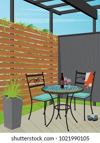 Relaxing Backyard Patio Retreat With A Mosaic Bistro Table And Chairs. Relax With A Glass Of Wine In Private Patio. Flat Style Vector With Minimal Detail And Depth.