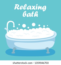 Relaxing Bath Banner. Bath Tube Water with Soap Bubble Foam Vector Illustration. Bathroom Interior. Healthy Natural Skincare Body Treatment Aromatherapy Spa Concept. Relaxation Pleasure