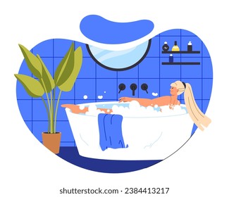 Relaxing bath concept. Woman rest in bathroom with bubbles. Soap and water. Spa treatments and beauty procedures. Comfort and coziness inside apartment. Cartoon flat vector illustration