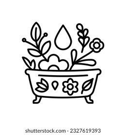 Relaxing bath line icon. Essential oil, flower and herbs for calm and skincare. Home spa concept. Modern minimalist linear illustration. Editable strokes