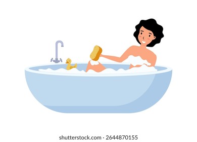 Tempo de banho relaxante com um pato de borracha e esponja para tranquilizar a rotina de autocuidado