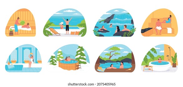 Relaxing and bathing compositions set of people steaming in steam room relaxing in wooden jacuzzi in lake and pool with thermal waters flat vector illustration