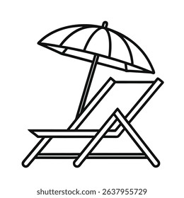 Relaxing Beach Chair and Umbrella Icon Outline Vector Illustration for Summer Vacation Designs	