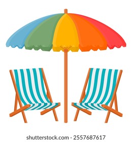 Relaxing Beach Chair and Umbrella Vector. Striped Beach Chair Illustration. Colorful Beach Umbrella.