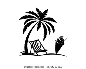 Cena de praia relaxante com Palm Tree, cadeira e sorvete, simples, preto e branco silhueta ilustração de uma cena de praia tropical, praia, palmeira, tropical, verão, férias, relaxamento, soro de gelo