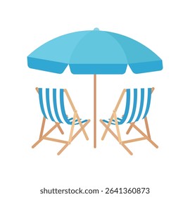 Relaxing beach setup with two wooden lounge chairs under a large blue umbrella. Ideal for travel, vacation, leisure, and tropical holiday concepts.