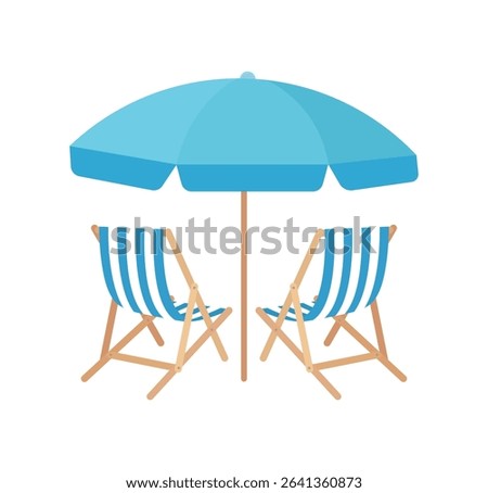 Relaxing beach setup with two wooden lounge chairs under a large blue umbrella. Ideal for travel, vacation, leisure, and tropical holiday concepts.