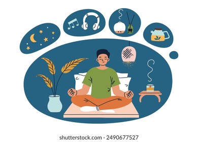 Relaxing before sleep vector illustration, bedtime relaxation. Man meditating in bed with herbal tea, aromatherapy, calm music. Cozy evening routine, sleep hygiene, wellness, self care. Cartoon style