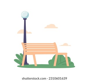 Relaxing Bench Nestled In A Serene Park Setting with Street Lamp and Bushes, Offering A Peaceful Spot To Rest