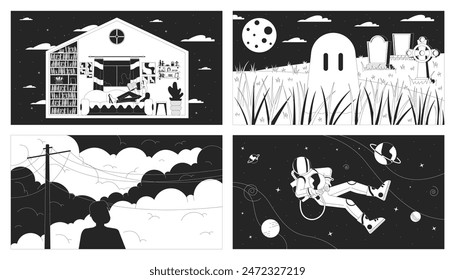 Relaxing black and white lofi wallpaper set. Woman at home. Ghost at graveyard. Dawn and outer space. Quiet 2D outline cartoon flat illustration pack. Fantasy vector line lo fi aesthetic background