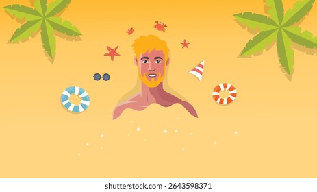Relaxante loiro apreciando sol em praia tropical com palmas e ícones divertidos
