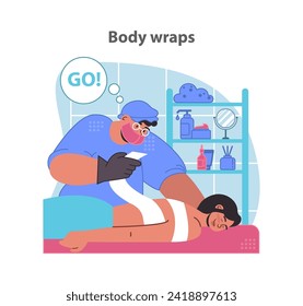 Relaxing body wrap treatment. A serene client enjoys a spa session with a skilled beautician preparing a rejuvenating wrap. Flat vector illustration.