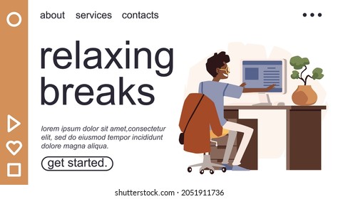 Relaxing break during work time concept of landing page or web banner, flat vector illustration. Working people sport activity and office fitness break.
