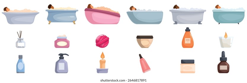 Relaxing bubble bath icons set. Woman taking a relaxing bath with foam and various spa products, enjoying a moment of wellness